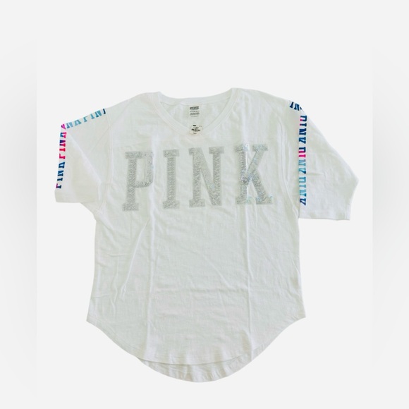 P Victoria’s  Secret Oversized V Neck T-shirt Women’s XS Bling Logo - Picture 2 of 4